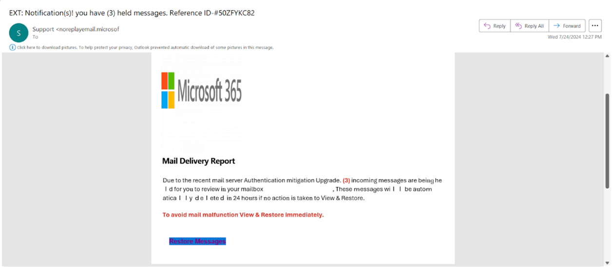 <i>Phishing
email example : M365-looking error message prompts users to restore their
Outlook messages</i>