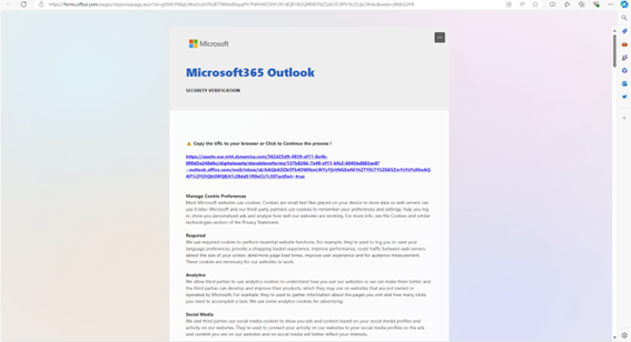 <i>Microsoft
365 Outlook “first step” – malicious URL is disguised as a necessary step for
M365 authentication on an Office Form, the URL is embedded within the form’s
question field</i>