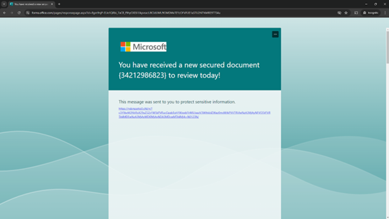 <i>Microsoft Document “first step” – the user is prompted to click a link for viewing a sensitive document.</i>